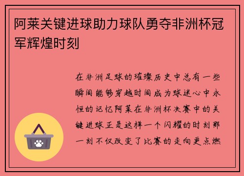 阿莱关键进球助力球队勇夺非洲杯冠军辉煌时刻