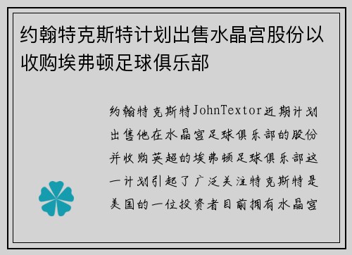 约翰特克斯特计划出售水晶宫股份以收购埃弗顿足球俱乐部 约翰特克斯特计划出售水晶宫股份以收购埃弗顿足球俱乐部